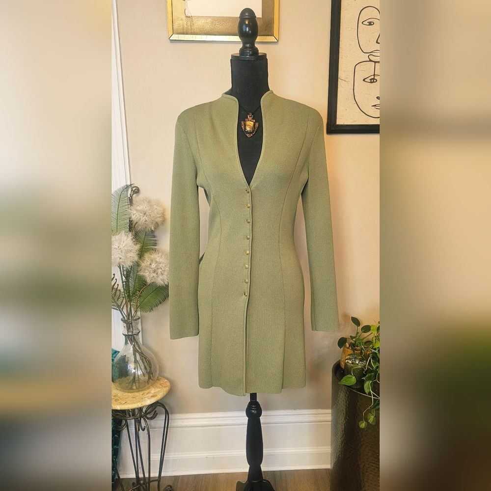 Vintage Knitted, Button-Up Mini Dress W/ High V-neck- Sage Green